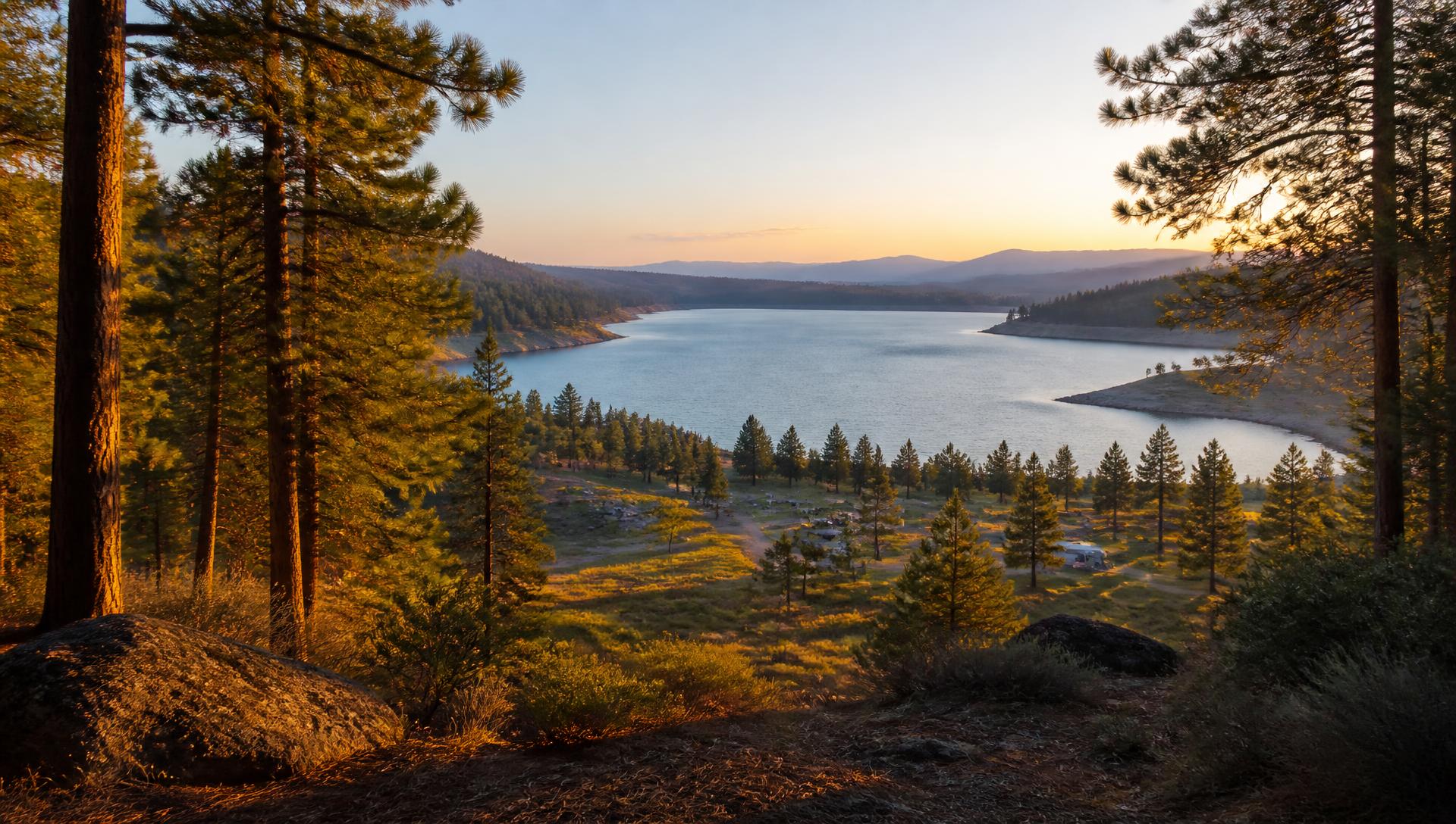 Ponderosa pines above Long Lake at sunset, with campsites on the terraces below
